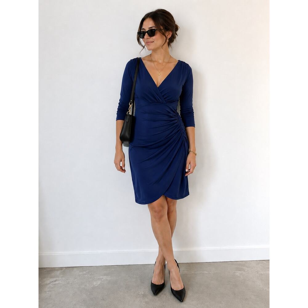 Lauren Ralph Lauren Navy Ruched Faux Wrap Dress Petite 2P Cocktail Career